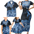 Prostate Cancer Awareness Aussie Indigenous Family Matching Short Sleeve Bodycon Dress and Hawaiian Shirt Blue Ribbon Aboriginal Arts