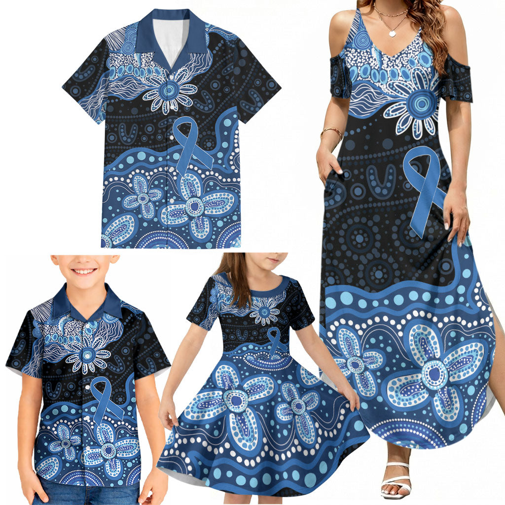 Prostate Cancer Awareness Aussie Indigenous Family Matching Summer Maxi Dress and Hawaiian Shirt Blue Ribbon Aboriginal Arts