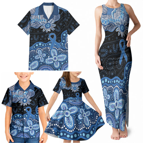 Prostate Cancer Awareness Aussie Indigenous Family Matching Tank Maxi Dress and Hawaiian Shirt Blue Ribbon Aboriginal Arts