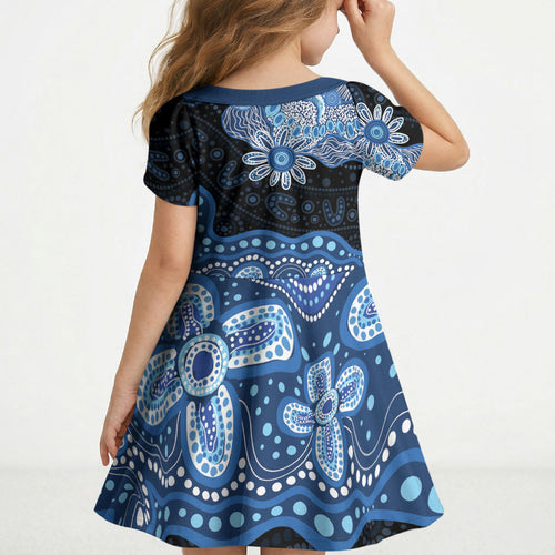 Prostate Cancer Awareness Aussie Indigenous Kid Short Sleeve Dress Blue Ribbon Aboriginal Arts