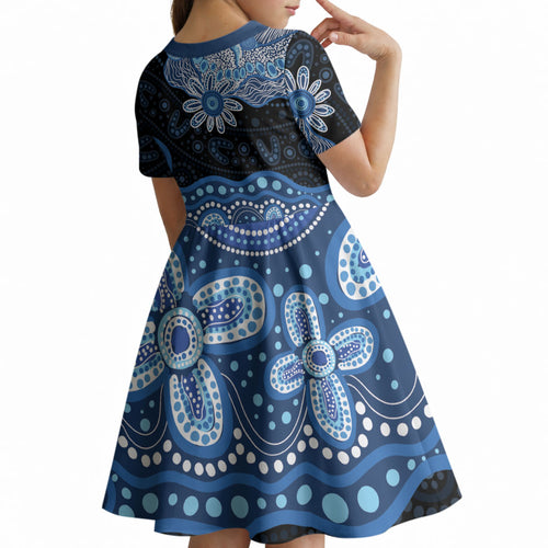 Prostate Cancer Awareness Aussie Indigenous Kid Short Sleeve Dress Blue Ribbon Aboriginal Arts