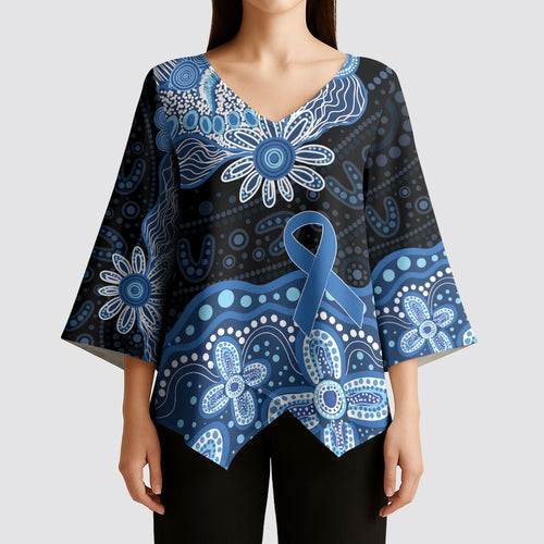 Prostate Cancer Awareness Aussie Indigenous Kimono Sleeve Blouse Blue Ribbon Aboriginal Arts