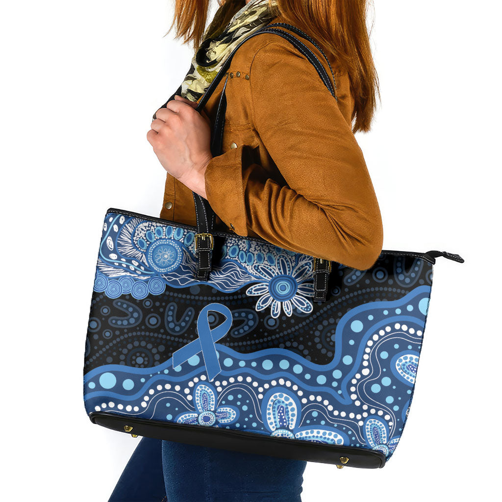 Prostate Cancer Awareness Aussie Indigenous Leather Tote Bag Blue Ribbon Aboriginal Arts