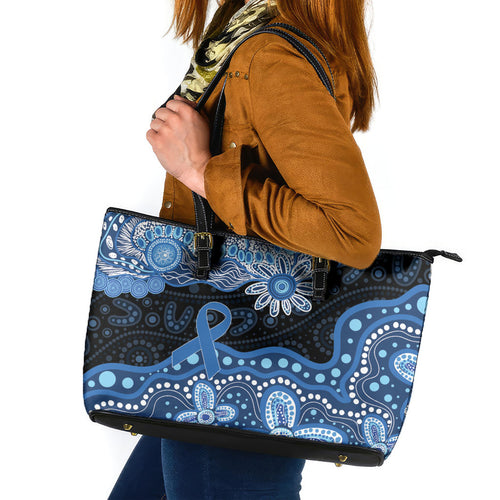 Prostate Cancer Awareness Aussie Indigenous Leather Tote Bag Blue Ribbon Aboriginal Arts