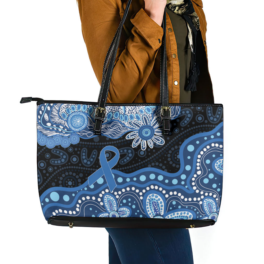 Prostate Cancer Awareness Aussie Indigenous Leather Tote Bag Blue Ribbon Aboriginal Arts