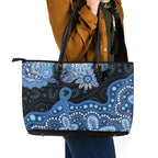 Prostate Cancer Awareness Aussie Indigenous Leather Tote Bag Blue Ribbon Aboriginal Arts