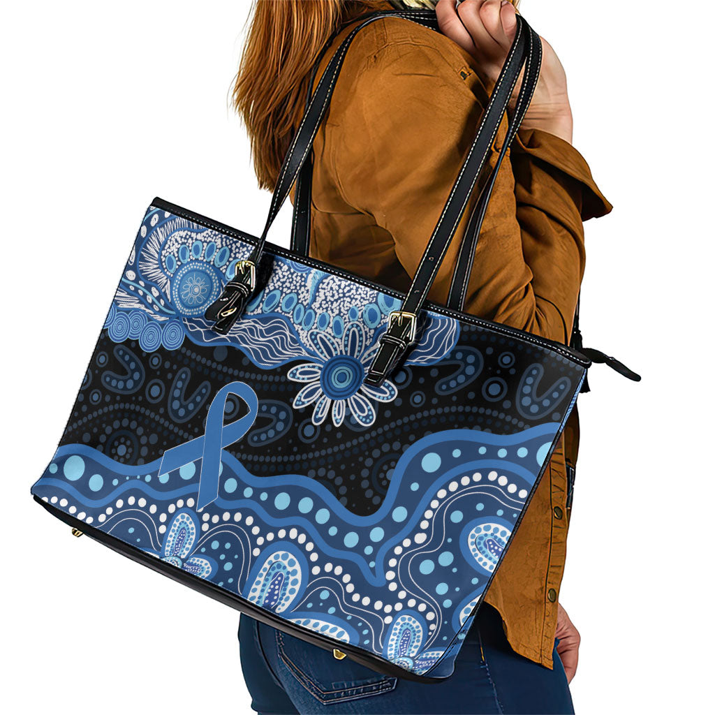 Prostate Cancer Awareness Aussie Indigenous Leather Tote Bag Blue Ribbon Aboriginal Arts
