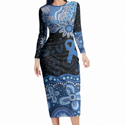 Prostate Cancer Awareness Aussie Indigenous Long Sleeve Bodycon Dress Blue Ribbon Aboriginal Arts