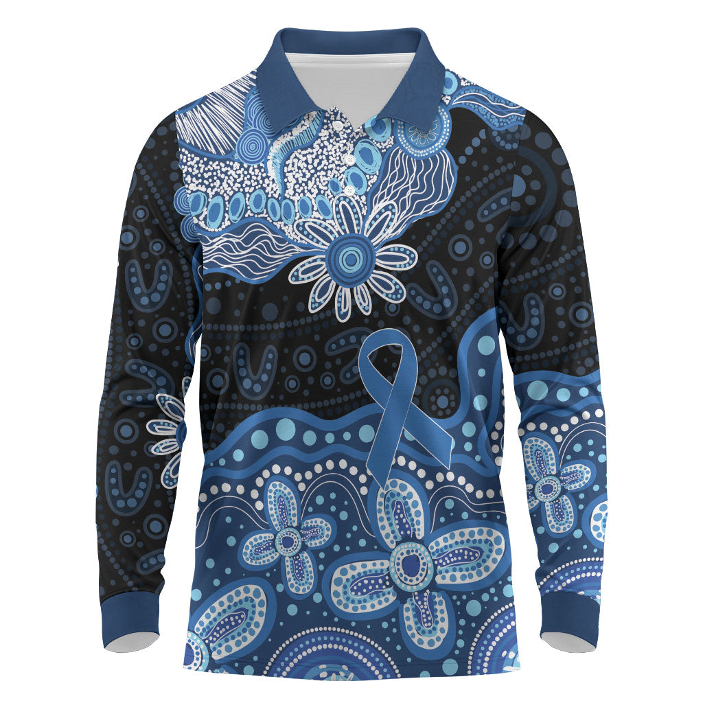 Prostate Cancer Awareness Aussie Indigenous Long Sleeve Polo Shirt Blue Ribbon Aboriginal Arts