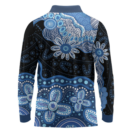 Prostate Cancer Awareness Aussie Indigenous Long Sleeve Polo Shirt Blue Ribbon Aboriginal Arts
