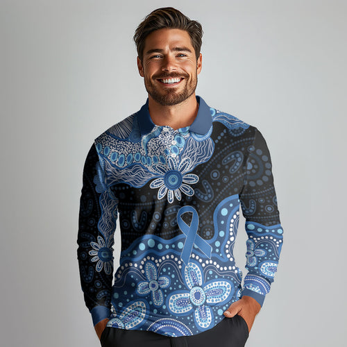 Prostate Cancer Awareness Aussie Indigenous Long Sleeve Polo Shirt Blue Ribbon Aboriginal Arts
