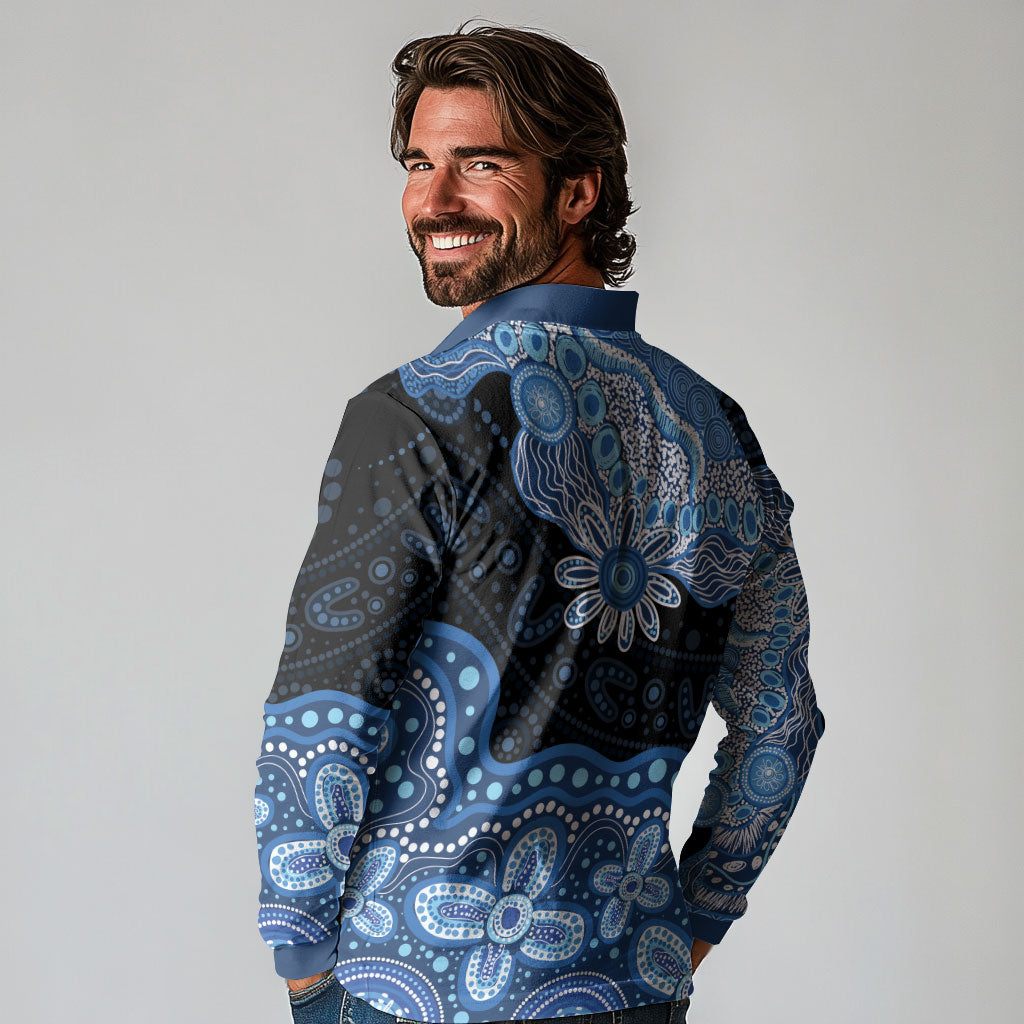 Prostate Cancer Awareness Aussie Indigenous Long Sleeve Polo Shirt Blue Ribbon Aboriginal Arts