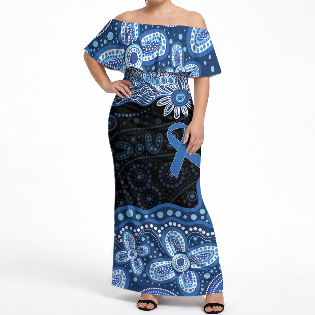 Prostate Cancer Awareness Aussie Indigenous Off Shoulder Maxi Dress Blue Ribbon Aboriginal Arts