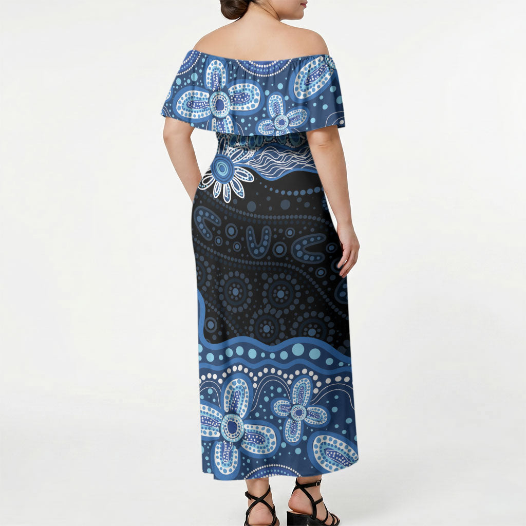 Prostate Cancer Awareness Aussie Indigenous Off Shoulder Maxi Dress Blue Ribbon Aboriginal Arts
