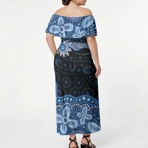 Prostate Cancer Awareness Aussie Indigenous Off Shoulder Maxi Dress Blue Ribbon Aboriginal Arts
