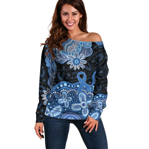 Prostate Cancer Awareness Aussie Indigenous Off Shoulder Sweater Blue Ribbon Aboriginal Arts
