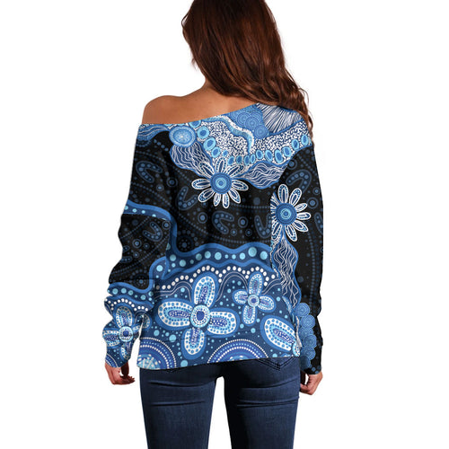 Prostate Cancer Awareness Aussie Indigenous Off Shoulder Sweater Blue Ribbon Aboriginal Arts