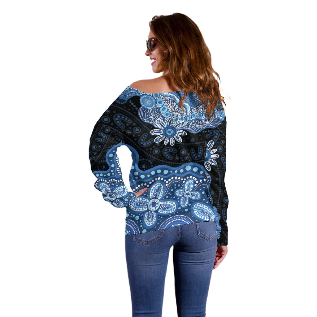Prostate Cancer Awareness Aussie Indigenous Off Shoulder Sweater Blue Ribbon Aboriginal Arts