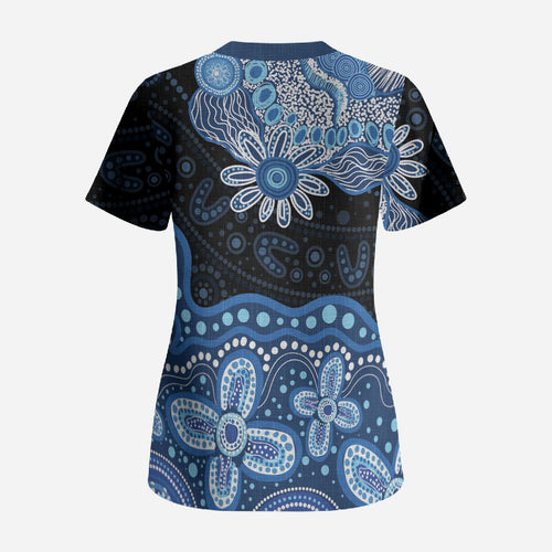 Prostate Cancer Awareness Aussie Indigenous Scrub Top Blue Ribbon Aboriginal Arts