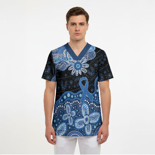 Prostate Cancer Awareness Aussie Indigenous Scrub Top Blue Ribbon Aboriginal Arts