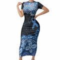 Prostate Cancer Awareness Aussie Indigenous Short Sleeve Bodycon Dress Blue Ribbon Aboriginal Arts