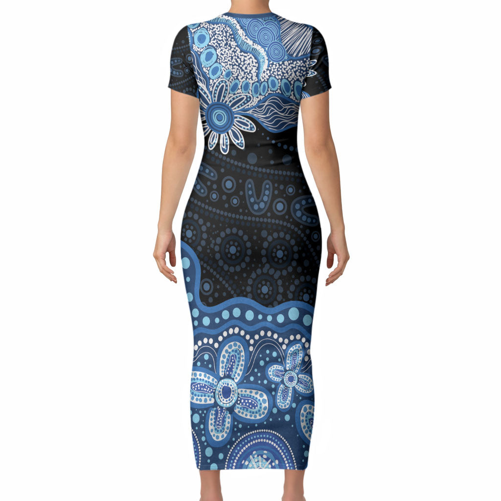 Prostate Cancer Awareness Aussie Indigenous Short Sleeve Bodycon Dress Blue Ribbon Aboriginal Arts