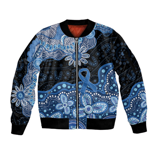 Prostate Cancer Awareness Aussie Indigenous Sleeve Zip Bomber Jacket Blue Ribbon Aboriginal Arts