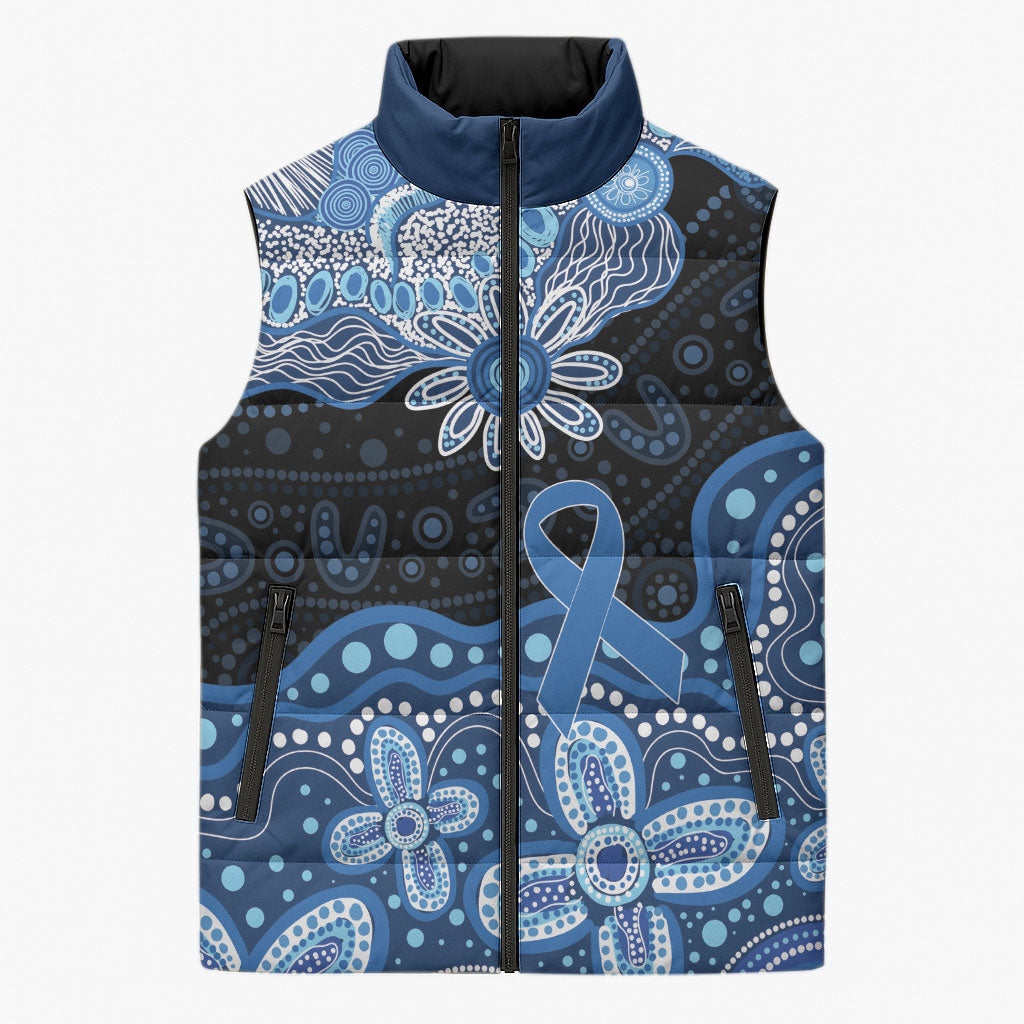 Prostate Cancer Awareness Aussie Indigenous Sleeveless Puffer Jacket Blue Ribbon Aboriginal Arts