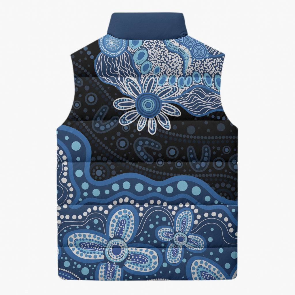Prostate Cancer Awareness Aussie Indigenous Sleeveless Puffer Jacket Blue Ribbon Aboriginal Arts