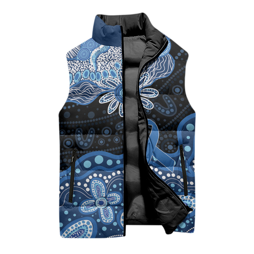 Prostate Cancer Awareness Aussie Indigenous Sleeveless Puffer Jacket Blue Ribbon Aboriginal Arts
