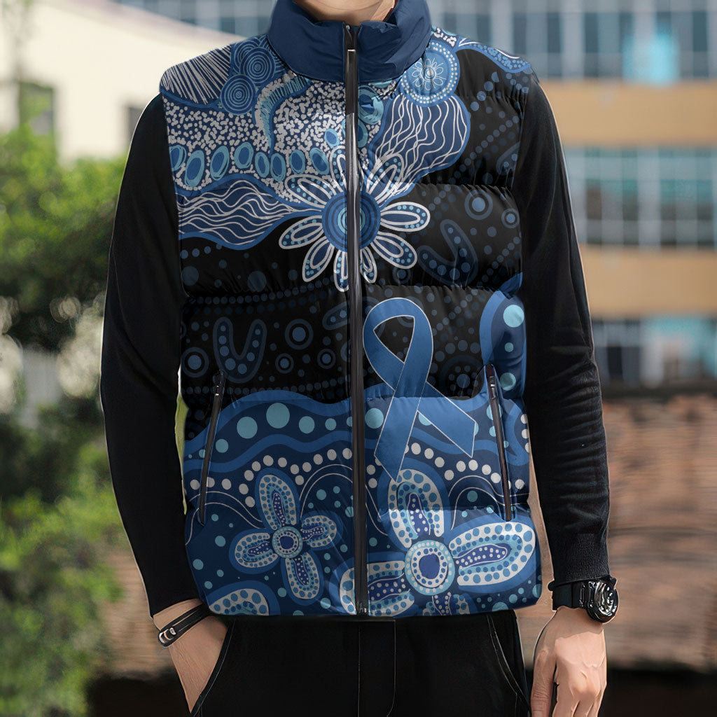 Prostate Cancer Awareness Aussie Indigenous Sleeveless Puffer Jacket Blue Ribbon Aboriginal Arts