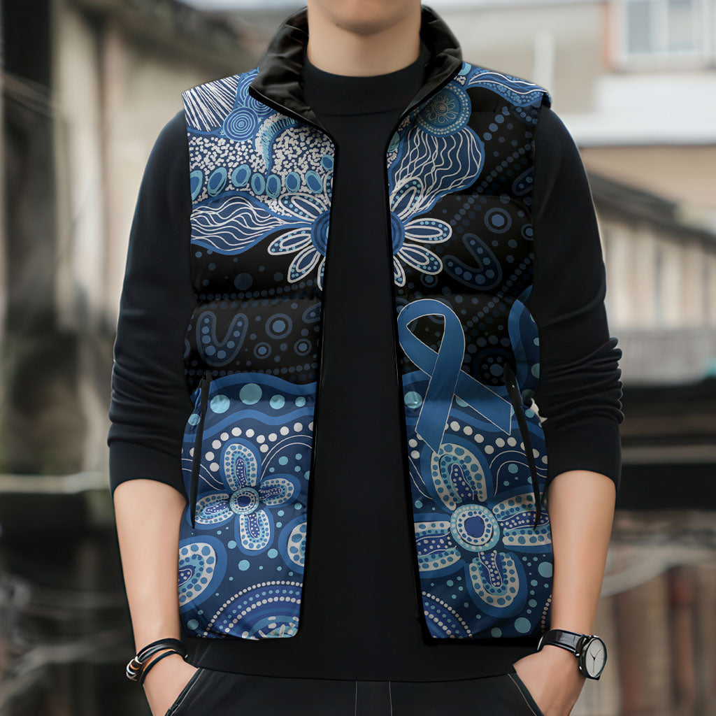 Prostate Cancer Awareness Aussie Indigenous Sleeveless Puffer Jacket Blue Ribbon Aboriginal Arts