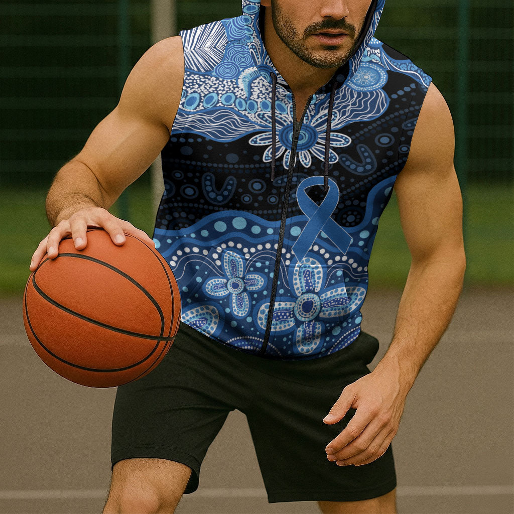 Prostate Cancer Awareness Aussie Indigenous Sleeveless Zip Hoodie Blue Ribbon Aboriginal Arts