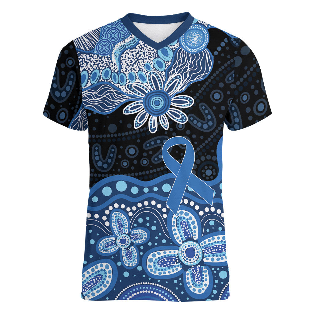 Prostate Cancer Awareness Aussie Indigenous Women V-Neck T-Shirt Blue Ribbon Aboriginal Arts