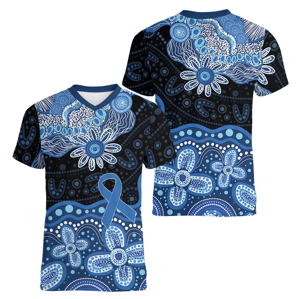 Prostate Cancer Awareness Aussie Indigenous Women V-Neck T-Shirt Blue Ribbon Aboriginal Arts