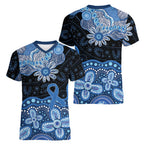 Prostate Cancer Awareness Aussie Indigenous Women V-Neck T-Shirt Blue Ribbon Aboriginal Arts