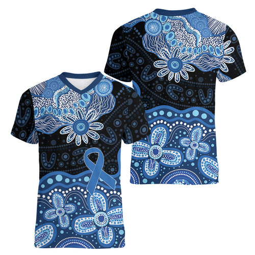 Prostate Cancer Awareness Aussie Indigenous Women V-Neck T-Shirt Blue Ribbon Aboriginal Arts