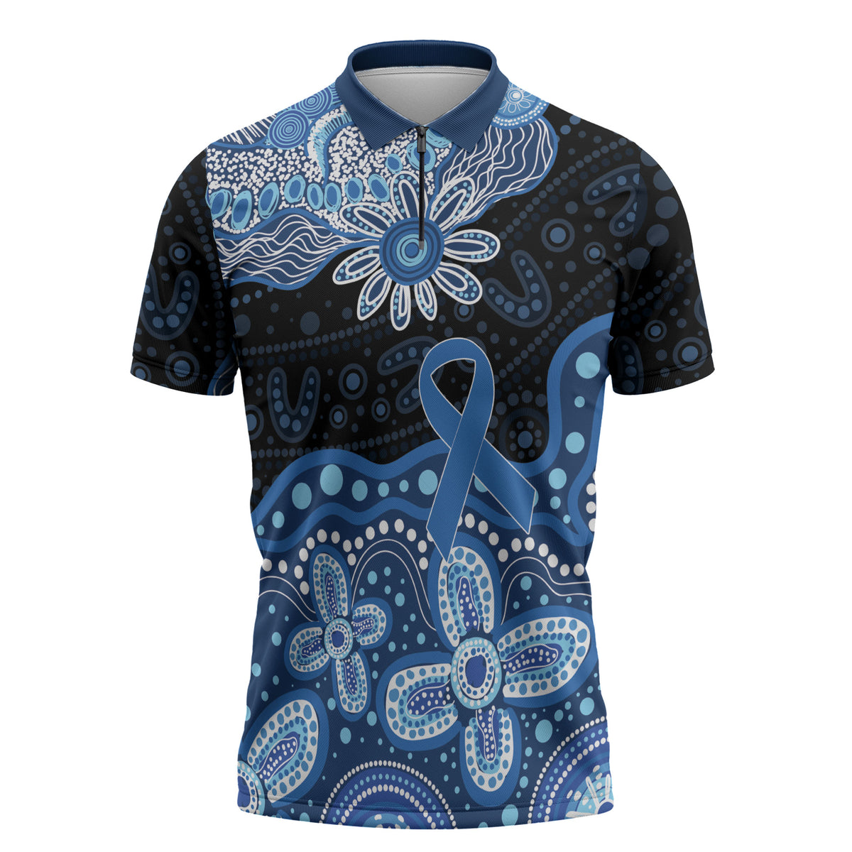 Prostate Cancer Awareness Aussie Indigenous Zipper Polo Shirt Blue Ribbon Aboriginal Arts
