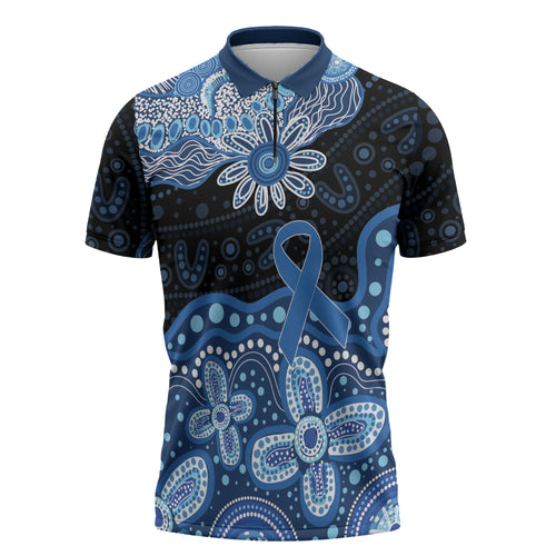 Prostate Cancer Awareness Aussie Indigenous Zipper Polo Shirt Blue Ribbon Aboriginal Arts