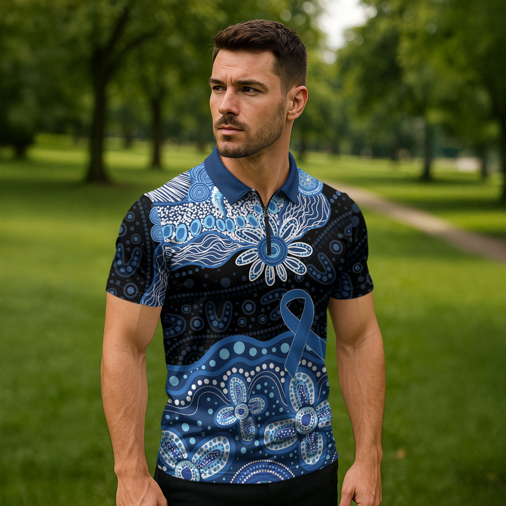 Prostate Cancer Awareness Aussie Indigenous Zipper Polo Shirt Blue Ribbon Aboriginal Arts