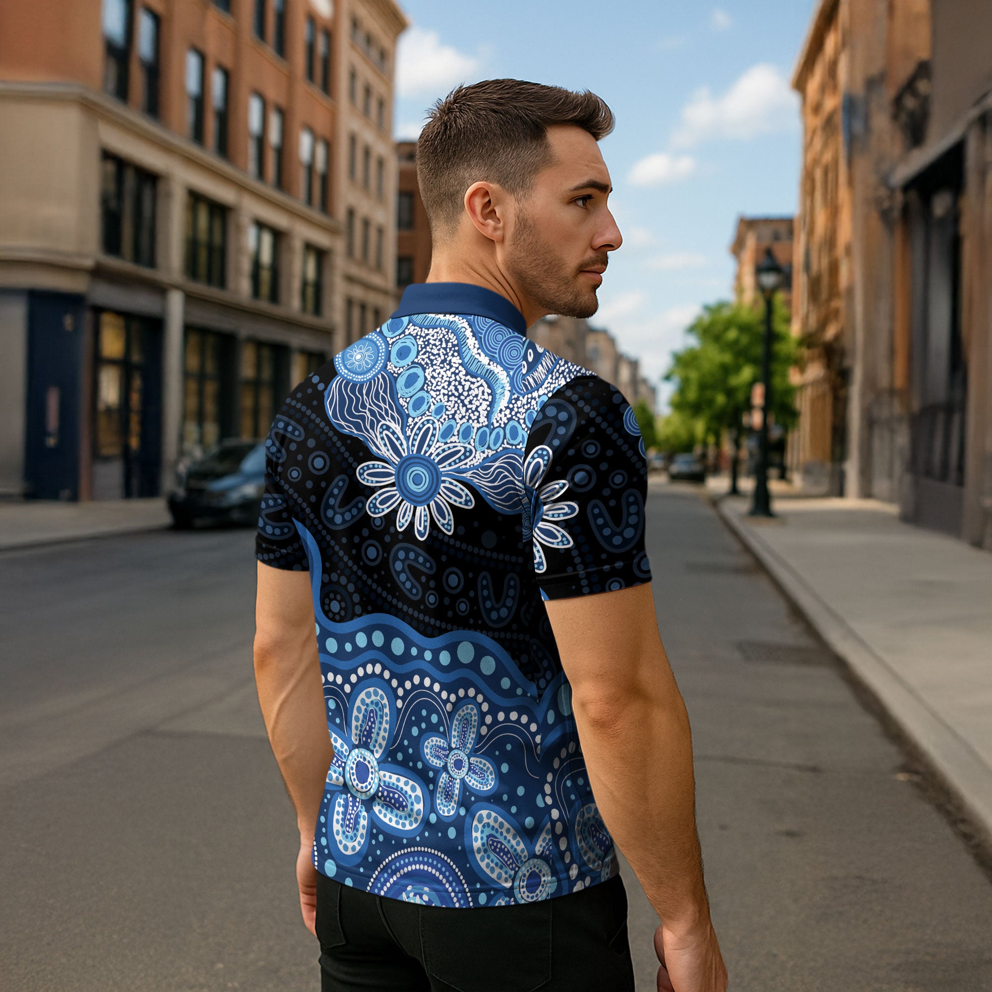Prostate Cancer Awareness Aussie Indigenous Zipper Polo Shirt Blue Ribbon Aboriginal Arts