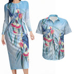 Australia Blue Budgie Marble Glaze Couples Matching Long Sleeve Bodycon Dress and Hawaiian Shirt Cancer Awareness