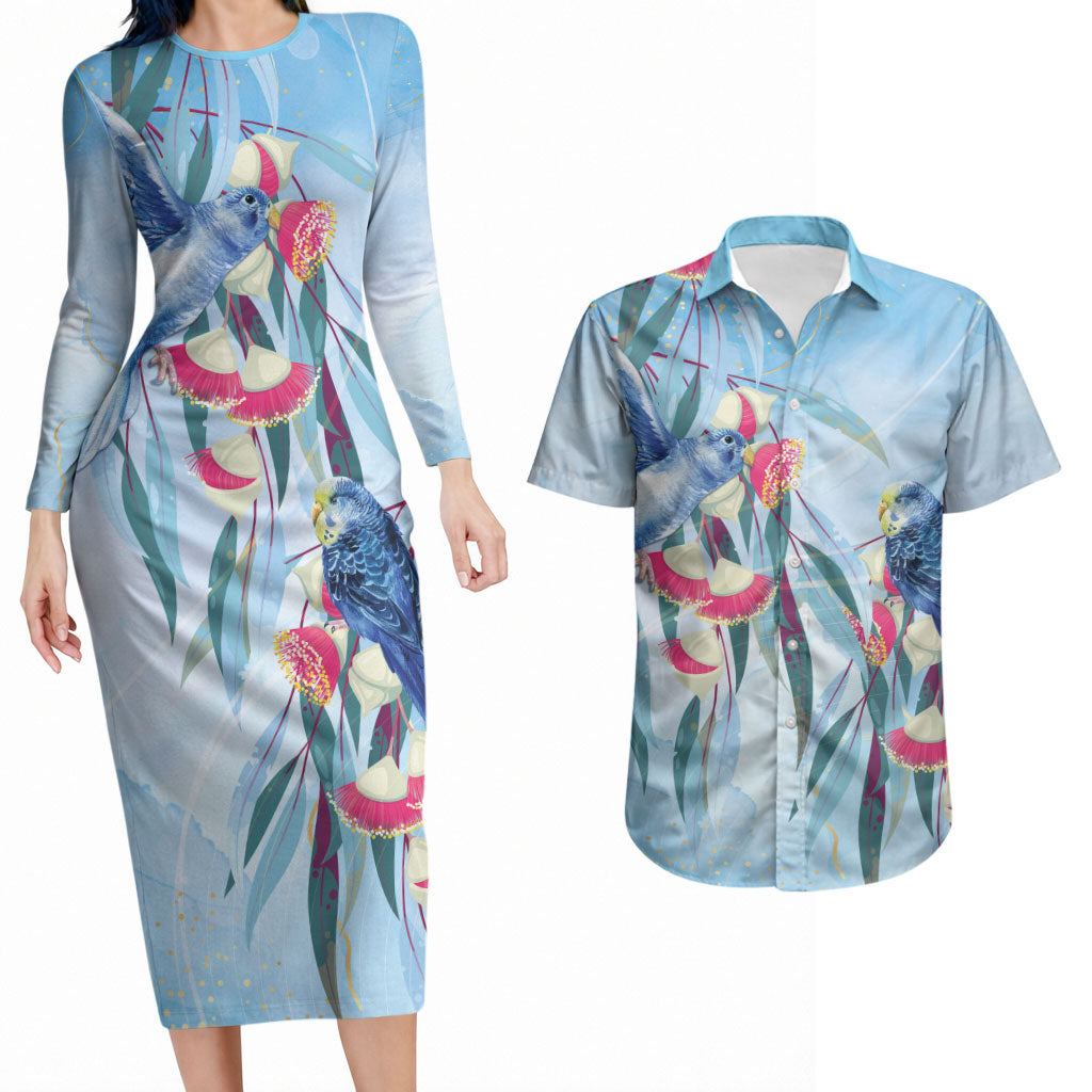 Australia Blue Budgie Marble Glaze Couples Matching Long Sleeve Bodycon Dress and Hawaiian Shirt Cancer Awareness