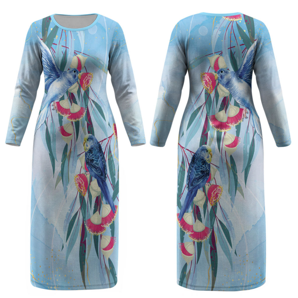 Australia Blue Budgie Marble Glaze Couples Matching Long Sleeve Bodycon Dress and Hawaiian Shirt Cancer Awareness