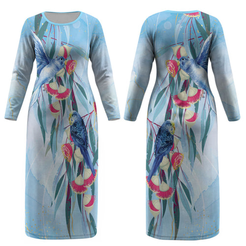 Australia Blue Budgie Marble Glaze Couples Matching Long Sleeve Bodycon Dress and Hawaiian Shirt Cancer Awareness