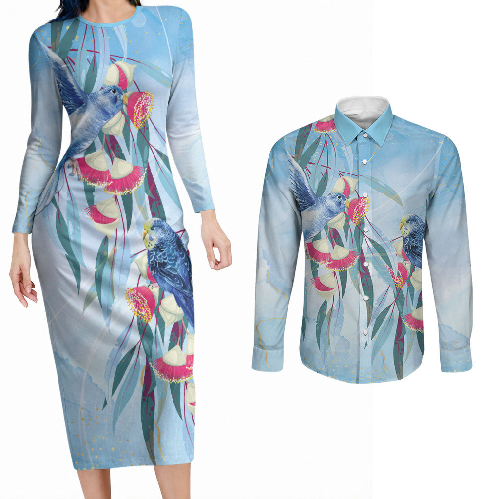 Australia Blue Budgie Marble Glaze Couples Matching Long Sleeve Bodycon Dress and Long Sleeve Button Shirt Cancer Awareness