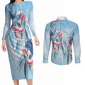 Australia Blue Budgie Marble Glaze Couples Matching Long Sleeve Bodycon Dress and Long Sleeve Button Shirt Cancer Awareness