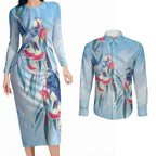 Australia Blue Budgie Marble Glaze Couples Matching Long Sleeve Bodycon Dress and Long Sleeve Button Shirt Cancer Awareness