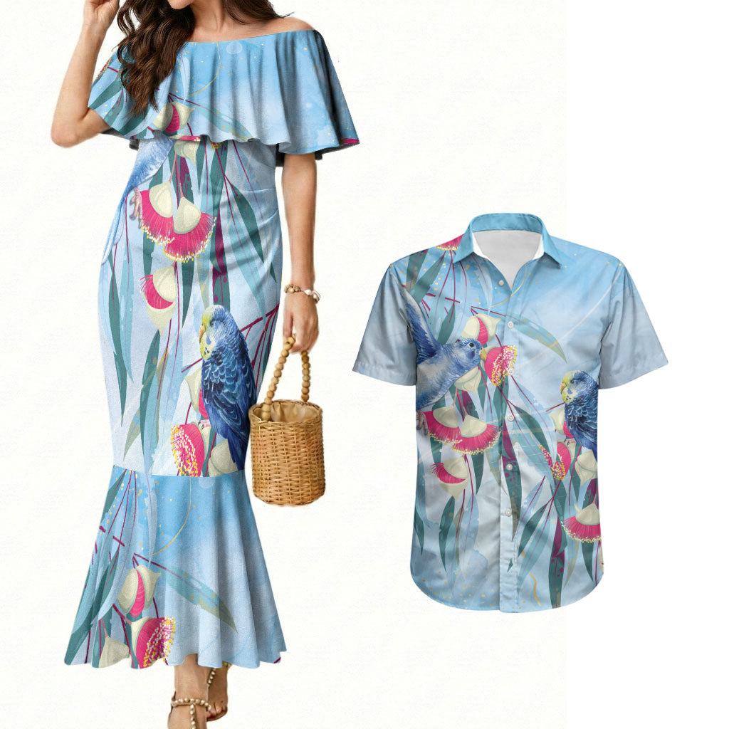 Australia Blue Budgie Marble Glaze Couples Matching Mermaid Dress and Hawaiian Shirt Cancer Awareness