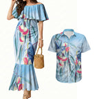Australia Blue Budgie Marble Glaze Couples Matching Mermaid Dress and Hawaiian Shirt Cancer Awareness